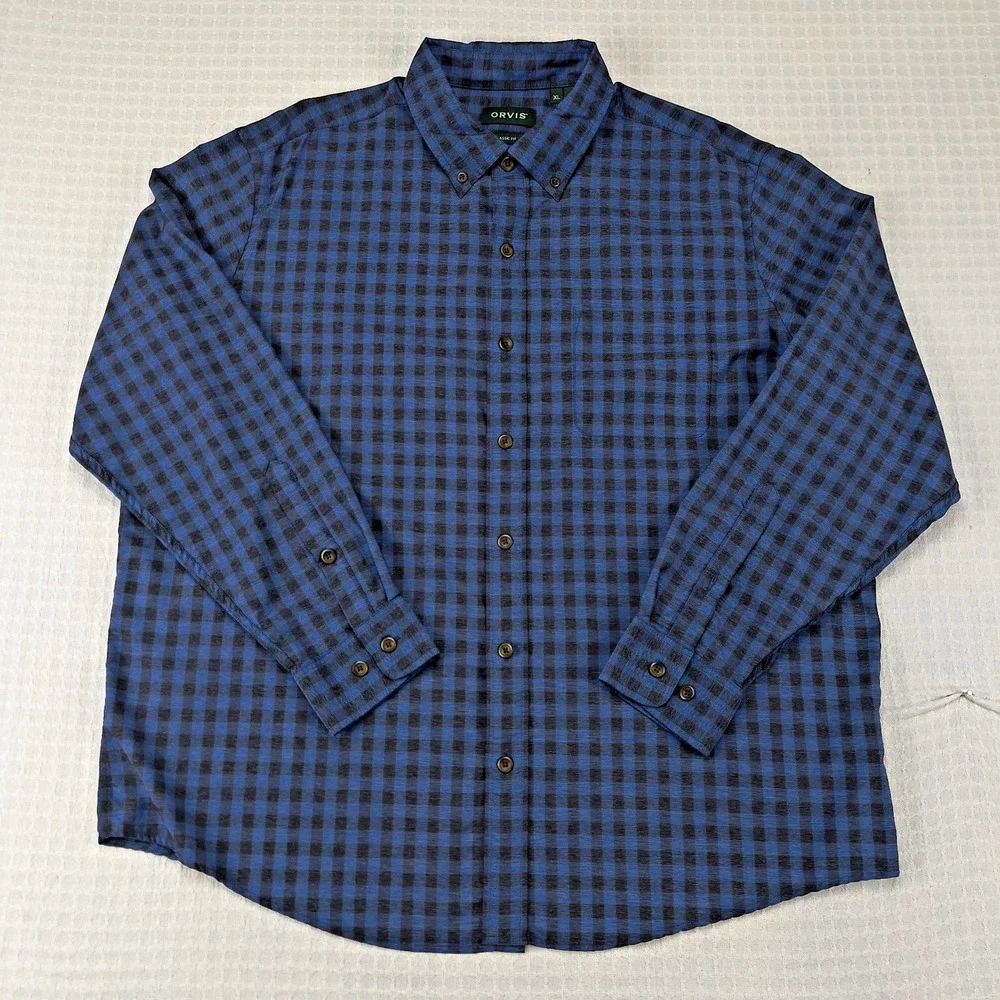 Orvis Mens XL Classic Fit Gingham Button Down Shirt Blue Black Long Sleeve Check - Picture 3 of 8
